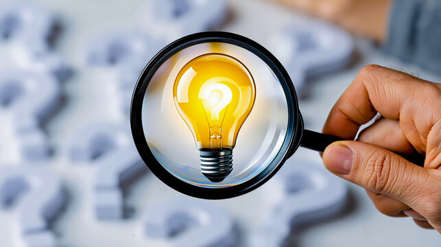 A hand holding a magnifying glass over a light bulb