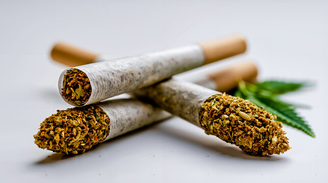Four rolled up cigarettes with tobacco and a green leaf on a white background