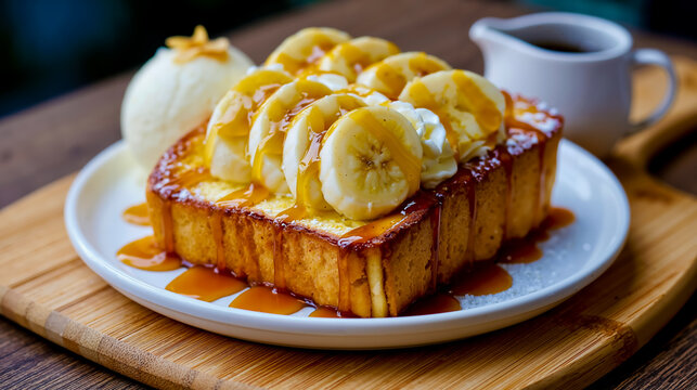 A slice of banana bread with banana slices and caramel drizzle on a white plate