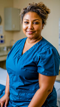 A smiling woman in a blue scrub top