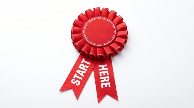 Red ribbon award rosette with start here text on white background typography achievement competition recognition beginning initiation instruction
