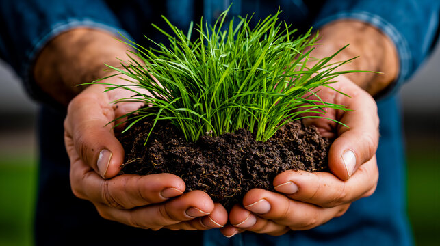 A pair of hands cradling a small plant with green leaves and brown soil