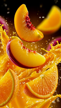 A vibrant and colorful depiction of a peeled orange with juice dripping from it set against a dark background with splashes of orange and yellow