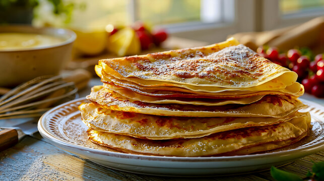 A stack of golden brown crepes on a white plate