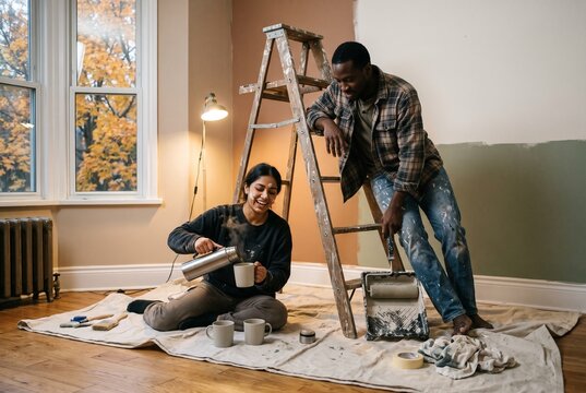Happy diverse couple taking a coffee break while painting the walls of their new home during an autumn renovation project