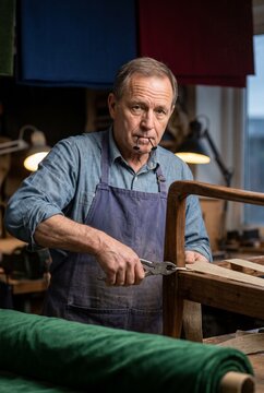 Senior male upholsterer working on wooden chair frame in workshop, holding tacks in mouth and using pliers to attach webbing