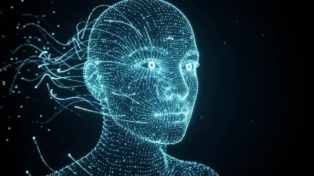 Holographic digital human head formed from glowing data points and flowing particle streams in dark studio environment