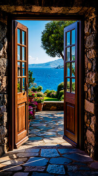 A pair of wooden doors with glass panels set within a stone archway leading to a patio with a view of a body of water and a distant mountain