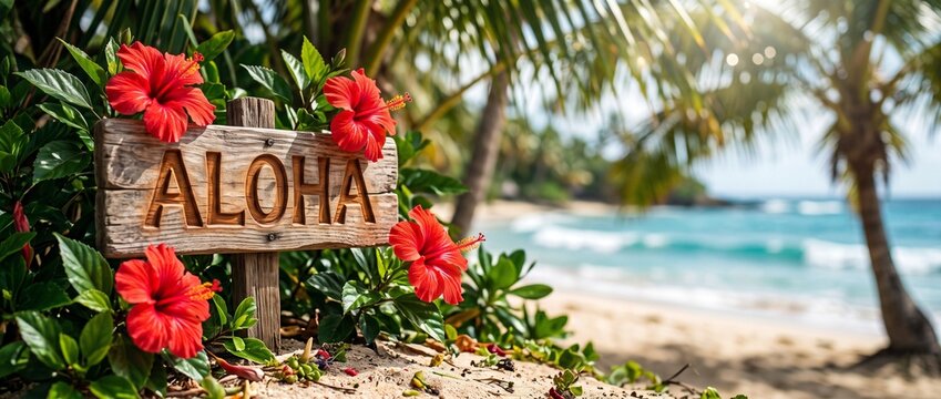 Carved wooden Aloha sign with red hibiscus flowers on tropical beach with palm trees and turquoise ocean, Hawaii welcome banner