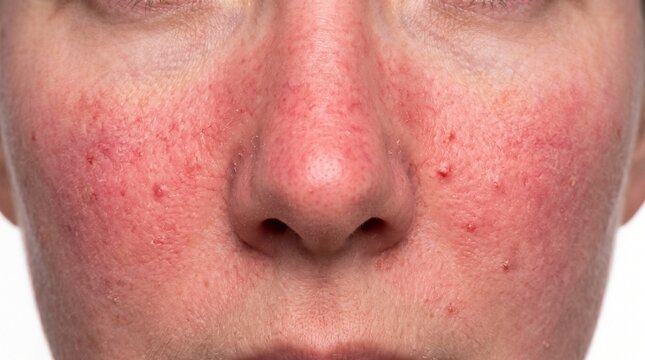 Close Up Detail of Human Face Skin Showing Rosacea Redness Capillaries and Papules Disease