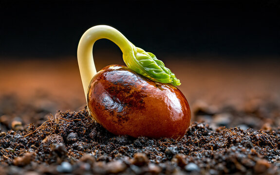 A young seedling emerges from dark soil with a curved green stem and small leaves symbolizing new growth and natural renewal