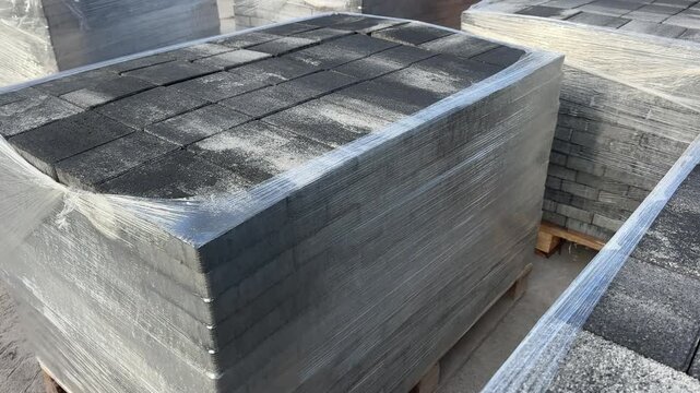 Pallets of dark grey concrete Pallets of dark grey concrete paving slabs wrapped in plastic film in storagepaving slabs in outdoor storage . High quality 4k footage