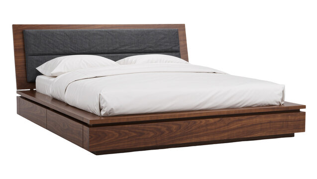 Modern walnut platform bed with upholstered headboard and drawers, isolated on transparent background