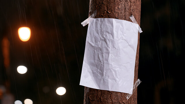A blank white paper flyer taped to a tree trunk at night in the heavy rain with city streetlights glow in the dark urban background