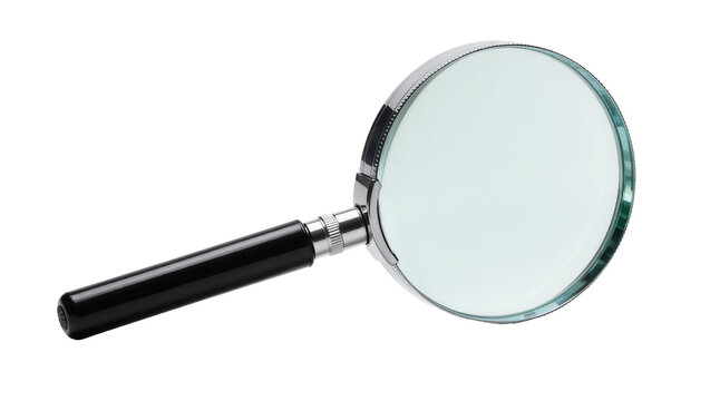 Shiny chrome magnifying glass with black handle, isolated on transparent background