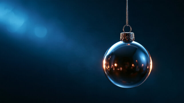 Christmas Bauble Ornament Hanging on Dark Blue Festive Background