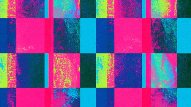 Vibrant Neon Abstract Geometric Background with Glitch Texture