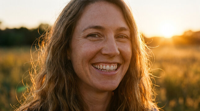 Candid Portrait of a Smiling Woman with Wavy Hair at Sunset