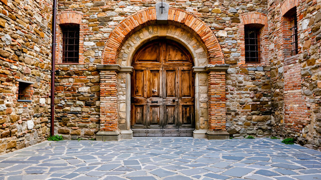 A large arched wooden doorway with a stone facade set within a brick building with a cobblestone floor
