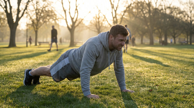 Athletic Man Doing Push-Ups on a Park Lawn at Sunrise
