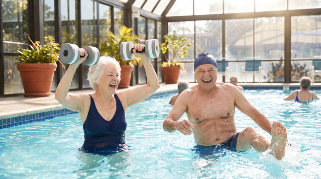 Cheerful Senior Couple Doing Water Aerobics in a Bright Pool