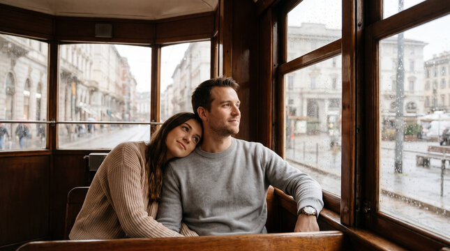 Relaxed Couple Riding a Tram and Looking Out the Window