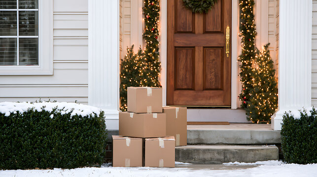 Stack of cardboard delivery boxes left on snowy front porch of a festive house decorated with holiday lights during winter season afternoon