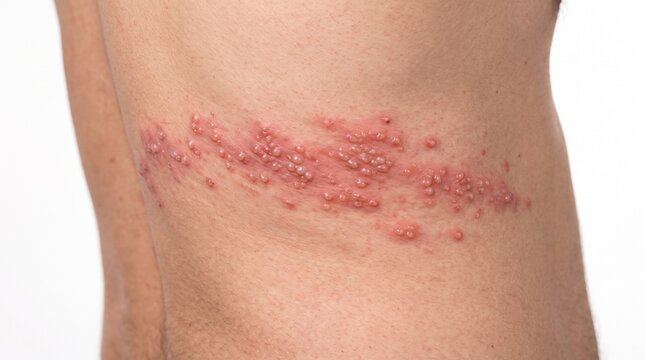 Shingles herpes zoster rash with painful blisters on human torso in dermatology photography