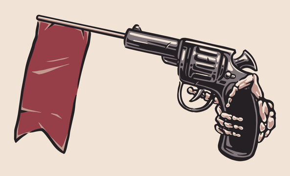 Hand holds revolver with attached red flag