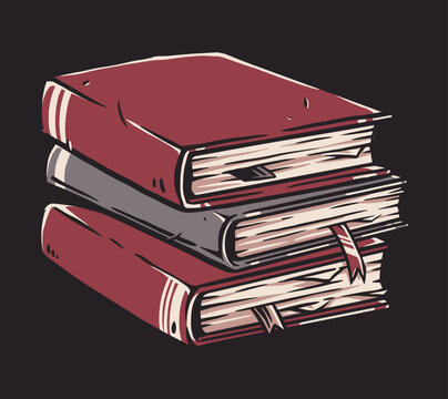 Stacked books with worn red and gray spines