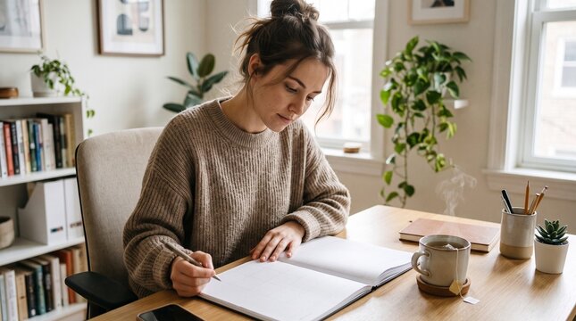 Young woman writing in a planner at a desk with a cup of tea and plants in a cozy home office setting