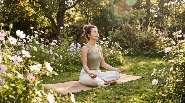 Woman meditating peacefully in a serene garden surrounded by blooming flowers and lush greenery