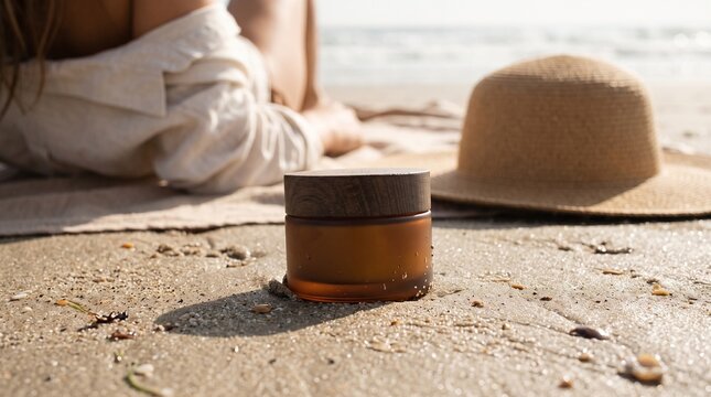 Skincare jar with wooden lid on sandy beach with straw hat and ocean in background