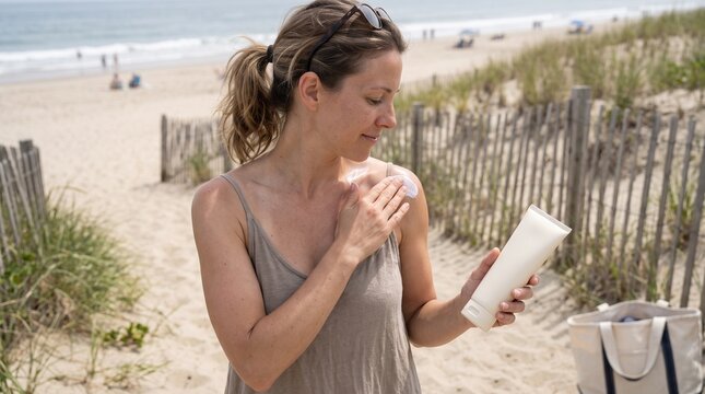 Woman applying sunscreen on her shoulder at the beach for sun protection and skincare