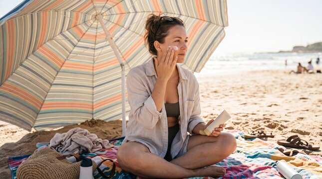 Woman applying sunscreen on a sunny beach under a striped umbrella for sun protection