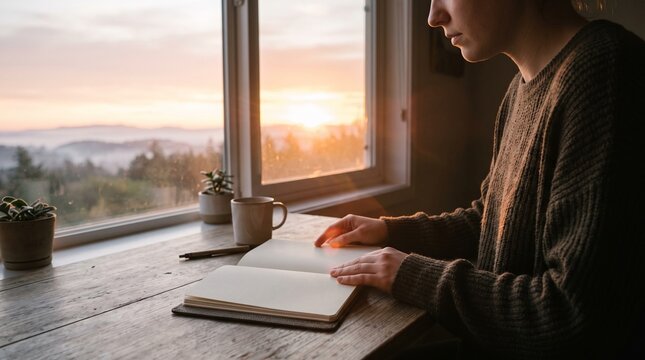 Woman reading a journal by the window at sunrise with a mug of coffee and plants