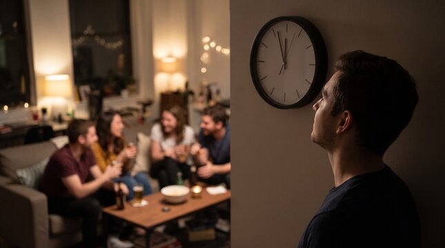 Man feeling isolated and anxious while watching clock during a party with friends in the background
