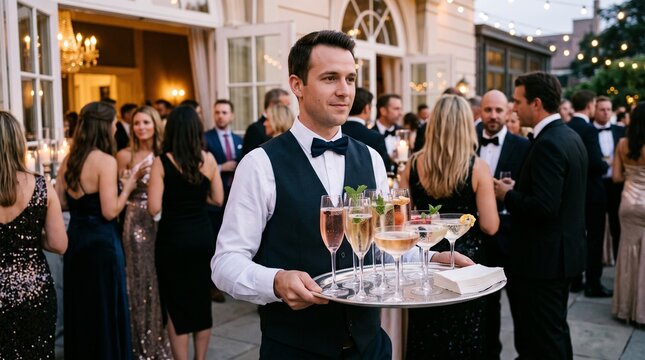 Waiter serving champagne and cocktails at an elegant outdoor evening party with guests in formal attire