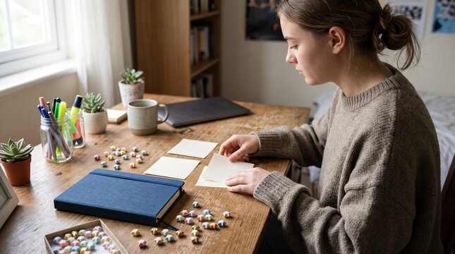 Young woman focused on crafting origami stars at a wooden desk with stationery and plants