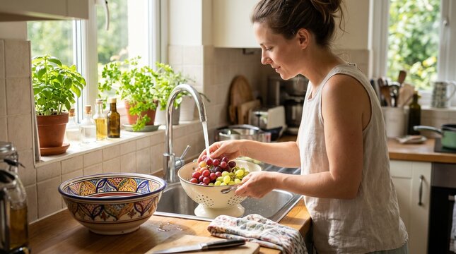 Woman washing fresh grapes in a kitchen sink with a window view and potted plants