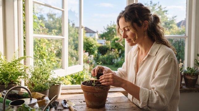 Woman planting seedlings in a terracotta pot by a sunlit window with a lush garden view