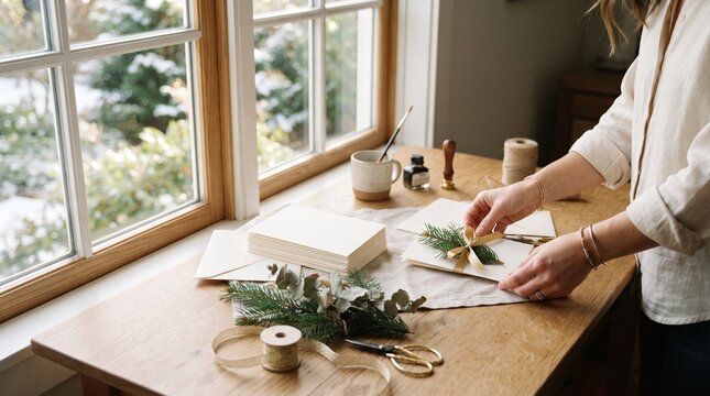 Woman decorating holiday cards with pine sprigs and ribbon by a window with snow outside