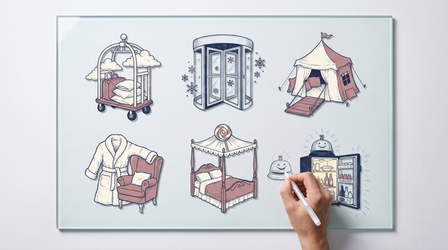 Hand interacting with icons of a luggage cart, revolving door, canopy bed and room service, luxury hotel stay and winter hospitality for a Christmas getaway