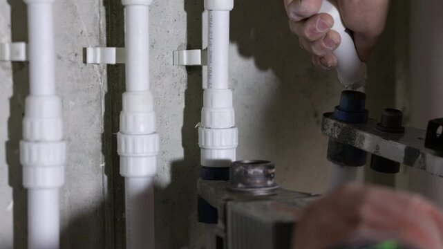 Plumber heating polypropylene pipes with welding iron for pipe joining