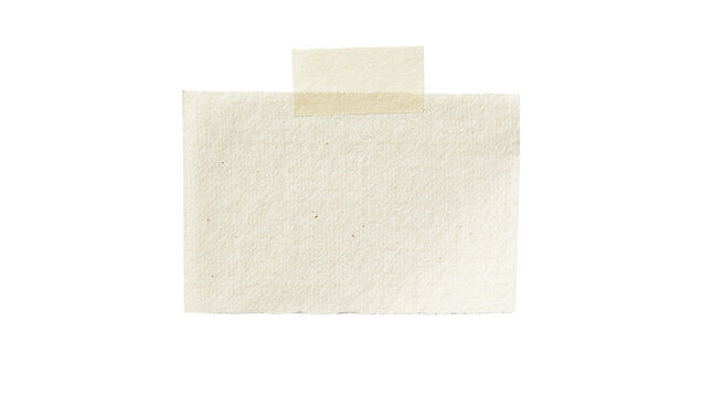 Rough textured paper note attached with beige adhesive tape, isolated on transparent background