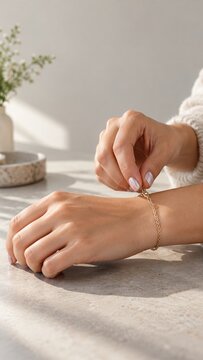 Adult hands with pearlescent rounded nails fasten a gold bracelet