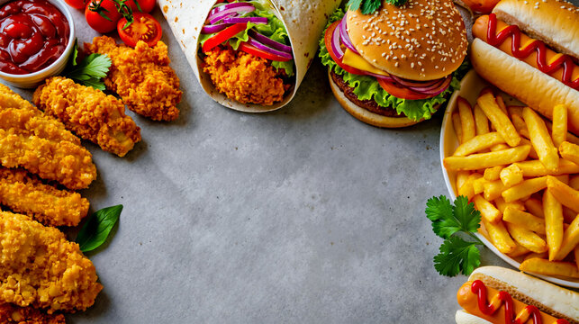 A variety of fast food items displayed on a gray surface