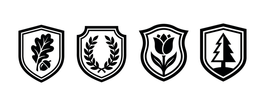 Floral and botanical emblems within shield shaped silhouettes on a white background