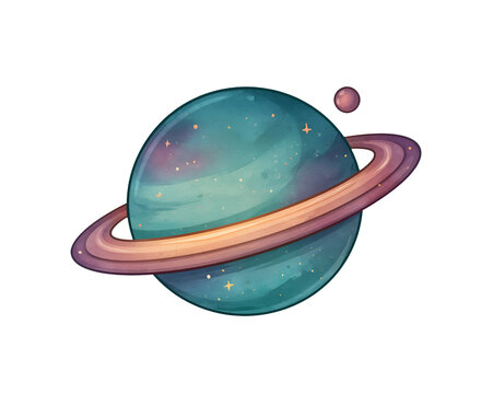 Cartoon-style planet with rings and small moon