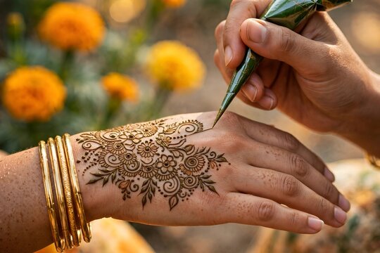 Artist applying an intricate floral mehndi design with a henna cone on a woman's hand with gold bangles